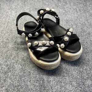 Karl Lagerfeld Womens Black Platform Espadrille Sandals Pearl Ankle Strap 7M